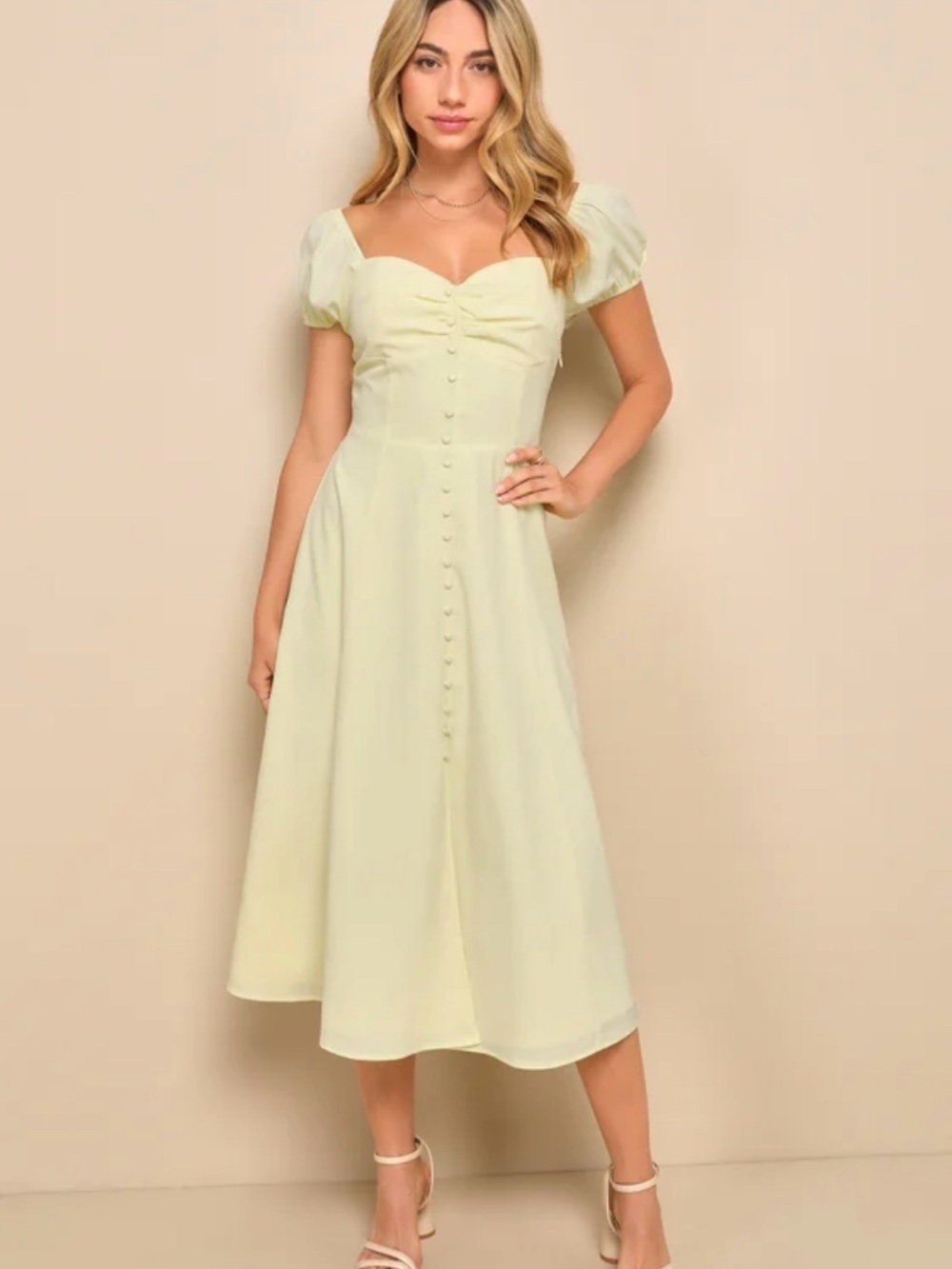 Lulu's Butter Yellow Midi Dress with Puff Sleeves